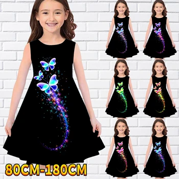 2022 Детское платье для маленьких девочек без рукавов с 3D принтом Бабочки, повседневное платье для девочек, Милое вечернее платье выше колена, 70-180 см