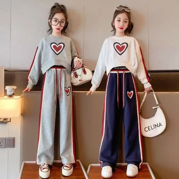 2023 Корейский Весенне-осенний Детский костюм из 2 предметов, толстовки для девочек-подростков с мультяшной любовью, Хлопковые повседневные брюки для девочек-подростков