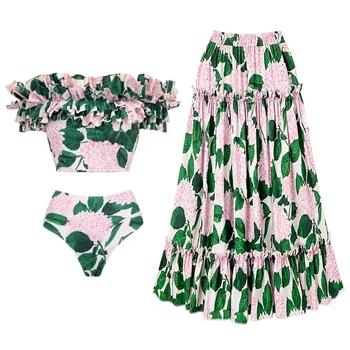 2023 Новый купальник-бикини с цветочным принтом и оборками, купальник и юбка, летние купальники, женская пляжная одежда, купальный костюм