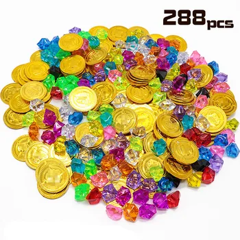 288 Штук игрушечных пиратских золотых монет, драгоценных камней, ювелирных изделий, игровой набор, детский подарок для вечеринки (144 монеты + 144 драгоценных камня), День рождения, Рождество