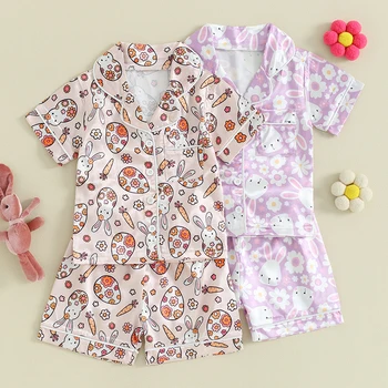 AXYRXWR/ Модные детские комплекты пасхальных пижам для маленьких девочек с рисунком мультяшного кролика, шелковый атласный топ с короткими рукавами, шорты, повседневные комплекты