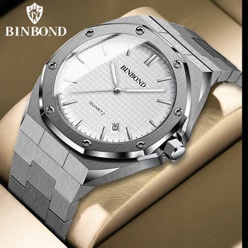 BINBOND Мужские часы Лидирующий бренд Royal Casual Мужские Большой циферблат Серебро Календарь из нержавеющей стали Кварцевые наручные часы Classic Luminous B0233