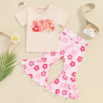Fernvia/ Одежда для маленьких девочек, летняя футболка с круглым вырезом и буквенным принтом с короткими рукавами и клетчатыми расклешенными штанами, комплект одежды из 2 предметов