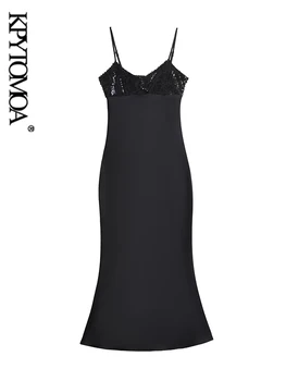 KPYTOMOA-Женское платье миди-слип с блестками, сексуальные платья без спинки, тонкие бретельки, Женская мода