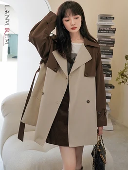 LANMREM Лоскутное Корейское пальто в стиле пэчворк для женщин, двубортное пальто с длинными рукавами и цветным блоком, Женская одежда, Весна 2023, Весна 2YA360