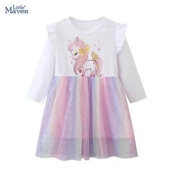 Little maven Детская одежда Платья Животные Для маленьких девочек Радужное сетчатое платье с длинным рукавом для вечерних платьев для девочек