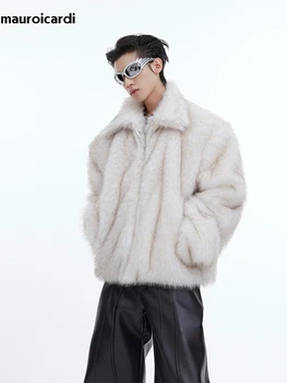 Mauroicardi, зимнее свободное повседневное толстое теплое мягкое пальто из искусственного меха, мужские пушистые куртки с отложным воротником на молнии с длинным рукавом 2024