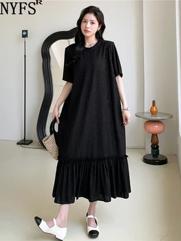 NYFS 2023 Летнее Новое Корейское женское платье Vestidos Robe Elbise, Свободные, большие размеры, Лоскутные Длинные платья с коротким рукавом, подплечники