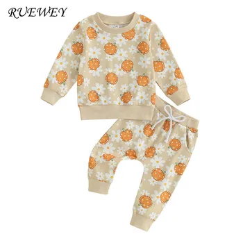 RUEWEY Комплекты брюк для новорожденных девочек на Хэллоуин Весенне-осенняя одежда Толстовка с длинными рукавами и цветком тыквы Брюки Детская одежда