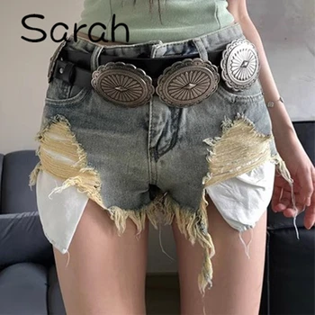 Sarah Y2K Винтажные сексуальные джинсовые шорты с рваным карманом и бахромой с низкой посадкой