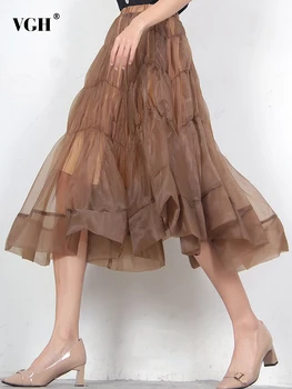 VGH темпераментные юбки soild для женщин с высокой талией в стиле пэчворк из прозрачной сетки, свободная трапециевидная юбка миди, женская модная одежда, новый стиль