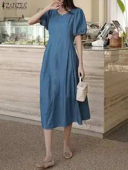 ZANZEA, Модное летнее женское платье из денима синего цвета с коротким рукавом, элегантное повседневное платье для вечеринки до середины икры, халаты, однотонное платье для работы в офисе