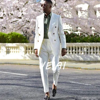 Белые Двубортные мужские костюмы С остроконечным лацканом, Приталенный Свадебный смокинг, 2 предмета, Африканский Мужской модный пиджак с брюками