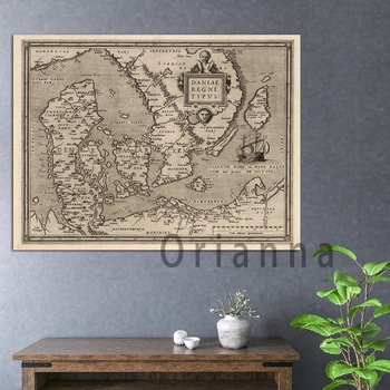 Винтаж 1570 Дания Швеция Германия Древняя Карта Европы Карта города мира Настенные Художественные Плакаты для гостиной Офисный декор Живопись