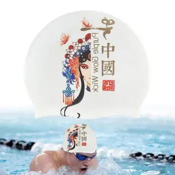 Водонепроницаемые плавательные шапочки Силиконовые удобные купальные шапочки для длинных коротких волос в китайском стиле с принтом, без морщин, шапочка для бассейна