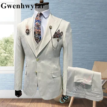 Гвенвифар, Новые свадебные вечерние белые костюмы, комплекты, куртка + брюки + жилет, мужской полный костюм, Модный приталенный повседневный мужской блейзер, роскошный