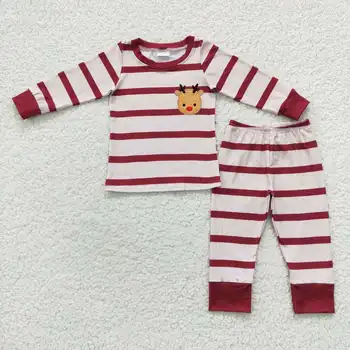 Детский Рождественский наряд с вышивкой оленя для маленьких мальчиков и девочек, Хлопковый комплект в красную полоску, пижамные штаны, пижамы для малышей, пижамы для малышей