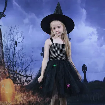 Детское платье-пачка на Хэллоуин, Нарядное праздничное платье для девочек, Маскарадный костюм Принцессы из сетчатого тюля без рукавов Со шляпой, наряды