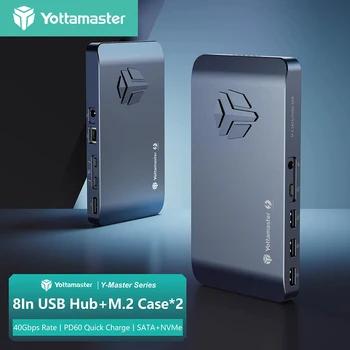 Док-станция Yottamaster 40 Гбит/с Thunderbolt 3 с Двойным Разъемом M.2 для SSD-накопителя NVMe SATA Корпус USB3.1 КОНЦЕНТРАТОР с гигабитным Ethernet PD 65 Вт