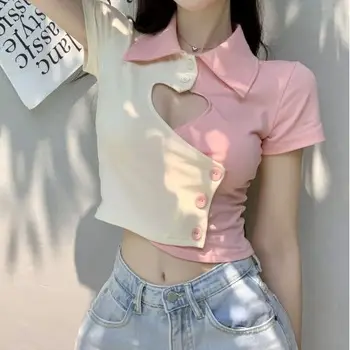 Женская летняя футболка контрастных цветов, короткие рукава, лацканы, вырез в виде сердца, застежка на пуговицы, укороченные топы, женская одежда y2k