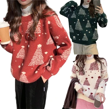 Женский Рождественский свитер, Праздничный Свитер с длинными рукавами и рисунком Снежинок, женский Осенне-зимний повседневный Свободный пуловер, джемпер, топы