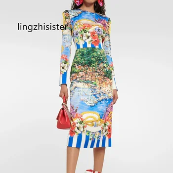 Женское шелковое платье-бутон 2023, осеннее платье-бутон с принтом Sisily, с длинным рукавом и круглым вырезом, новое поступление тонких платьев-бутонов