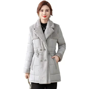 Зимнее Новое Женское хлопчатобумажное пальто большого размера с откидным воротником средней Длины, Свободное Теплое пуховое хлопчатобумажное пальто, Ветрозащитные женские парки, приталенное пальто