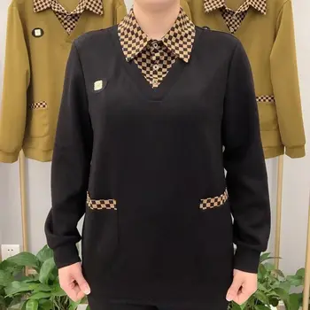Клетчатая лоскутная Женская винтажная футболка из двух частей, весна-осень, Корейская одежда, Свободный модный повседневный пуловер с длинным рукавом, топ