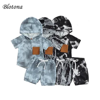 Комплект детских штанишек Blotona из 2 предметов, топы с капюшоном контрастного цвета для мальчиков, топы с короткими рукавами + шорты на завязках, от 1 до 5 лет