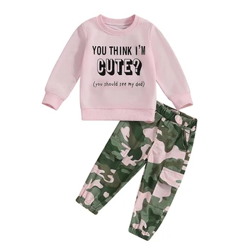 Комплекты весенне-осенних брюк для девочек, топы с длинными рукавами и буквенным принтом, комплекты камуфляжных штанов