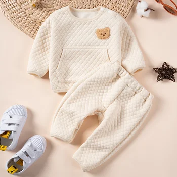 Комплекты детской одежды Осенний теплый комплект одежды для маленьких девочек, наряды, свитшоты с милым медведем для маленьких мальчиков, Штаны, 2 предмета, зимние костюмы для новорожденных