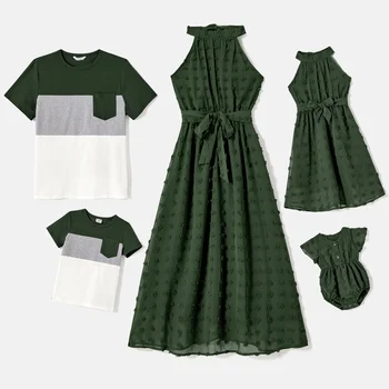 Комплекты для семьи PatPat из хлопчатобумажных футболок с цветными блоками и однотонных платьев в швейцарский горошек без рукавов с поясом, базовый стиль