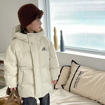 Корейская Зимняя школьная куртка-пуховик для мальчика-подростка, Ветрозащитная Теплая Хлопковая толстая верхняя одежда с капюшоном для мальчиков, Белая куртка на утином пуху для мальчиков