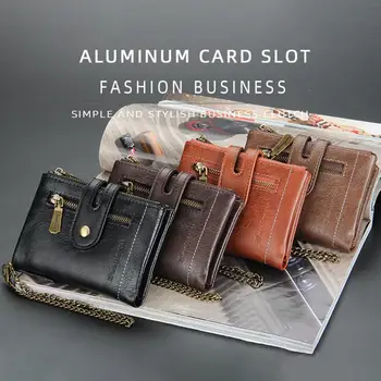 Короткий мужской кожаный бумажник в стиле ретро с цепочкой, держатели кредитных визитных карточек, Кошелек-клатч из воловьей кожи на двойной молнии, портмоне для монет