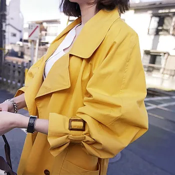 Красивый осенний женский двубортный тренч, свободная повседневная ветровка, женское желтое пальто с поясом, деловая верхняя одежда 441