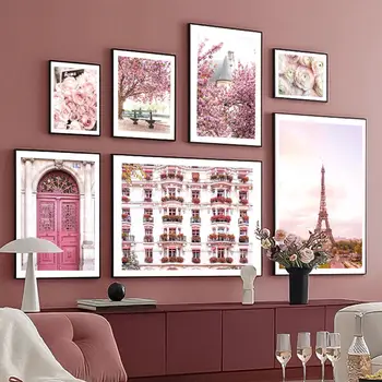 Красочный цветочный пейзаж, картина на холсте, Парижская башня, пейзаж, плакаты, Настенные панно с розами для декора гостиной, Эстетичный