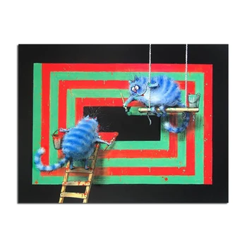 Креативное изображение животного для декора детской комнаты, картина на холсте, полосатый сине-белый кот, плакат художника, граффити, настенный арт-принт