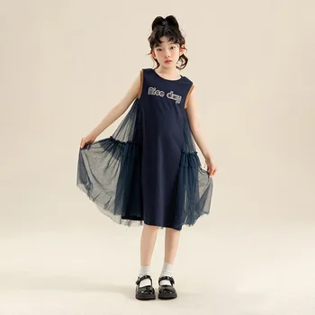 Летнее платье для девочек 2023, новое сетчатое лоскутное платье для подростков-школьников, платья принцессы темно-синего цвета, модная детская одежда 12 13 14 лет