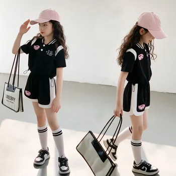 Летняя одежда для корейских девочек, подростковые черные рубашки, шорты, комплект стильной спортивной одежды из двух предметов, 8 10 12 лет