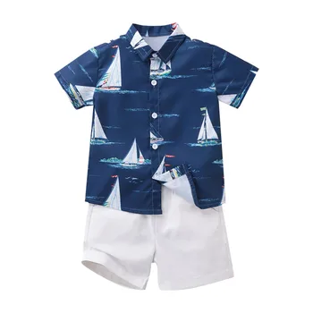 Летняя свободная рубашка с отворотом с принтом парусного спорта для мальчиков, однотонные шорты, комплект одежды из двух предметов для мальчика
