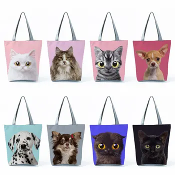Многоразовые сумки для покупок с принтом милой кошки и собаки большой емкости, повседневные универсальные сумки для женщин, дорожная сумка-тоут Kawaii для домашних животных, наплечная сумка-тоут