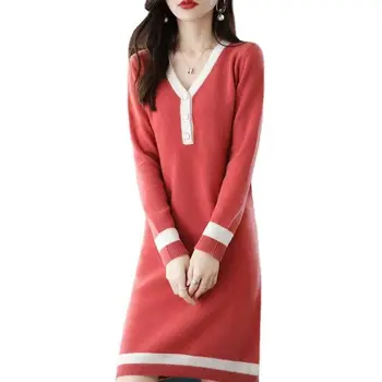 Модное вязаное шерстяное платье для женщин 2023, осенне-зимнее Корейское издание, Элегантная цветная юбка-подкладка средней длины с V-образным вырезом