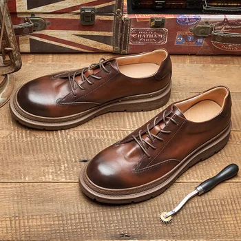 Мужская повседневная деловая обувь на платформе, роскошная натуральная кожа ручной работы, качество 2024 года, ретро Элегантные свадебные туфли для светской жизни, мужские туфли