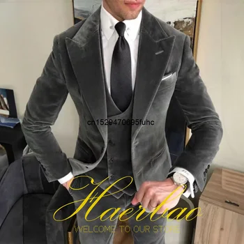 Мужской деловой бархатный костюм из 3 предметов серого цвета (куртка, брюки, жилет), Блейзер с воротником-стойкой, мужская красивая одежда