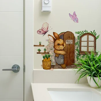 Наклейка на стену в виде зайца с милым кроликом и бабочкой, выламывающая дверь, гостиная, спальня, креативная декоративная наклейка на стену