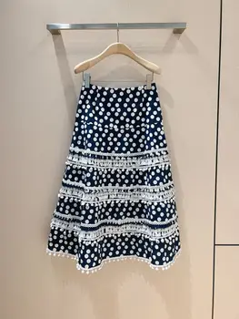 Новая летняя и осенняя юбка миди с темно-синим и белым принтом в горошек 0721