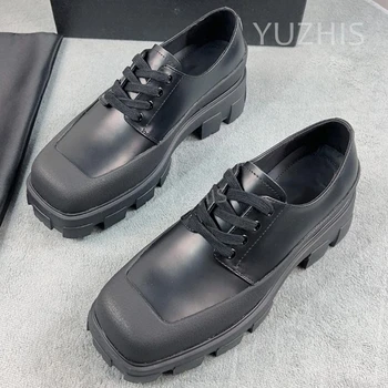Новая модная мужская обувь, Короткие ботинки из натуральной кожи в британском стиле, винтажные мотоциклетные ботинки на шнуровке, Черная повседневная обувь на платформе