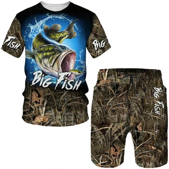 Новая мужская футболка с 3D принтом Ocean BIG FISH, шорты, костюмы, мода Harajuku, охота на рыбу, кемпинг, спортивная одежда, комплекты из двух предметов