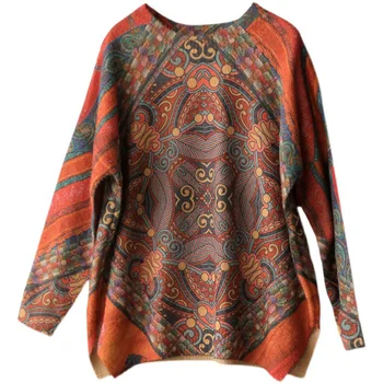 Новый этнический стиль, винтажный принт, свитер из искусственной норки, вязаный свитер с круглым вырезом для женщин, Свободный широкий облегающий пуловер, топы-свитера