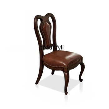 Обеденный стул из массива дерева в американском стиле с кожаной подушкой, Винтажный обеденный стул из красного дерева с высокой спинкой в европейском стиле